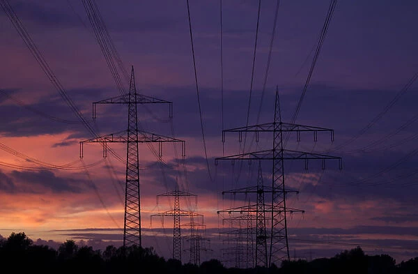 High voltage power lines are seen as the sun sets near the Staudinger coal power plant of