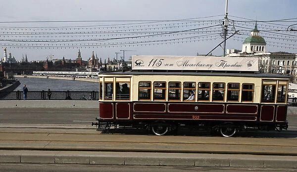 A historic tram rides during the parade to mark the 115th anniversary of Moscow tram