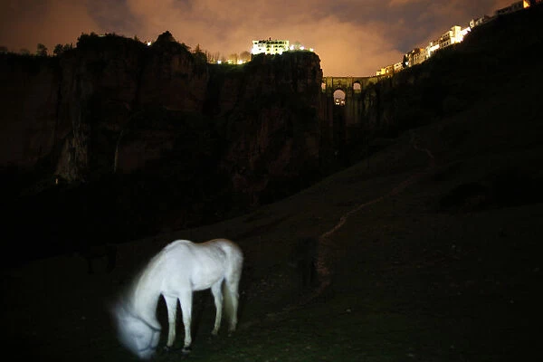 Horses graze in a field in front of the Puente Nuevo (New Bridge) during the Earth