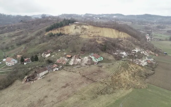 Framed Print : Houses destroyed by landslide are seen in Hrvatska Kostajnica Framed Print : Houses destroyed by landslide are seen in Hrvatska Kostajnica