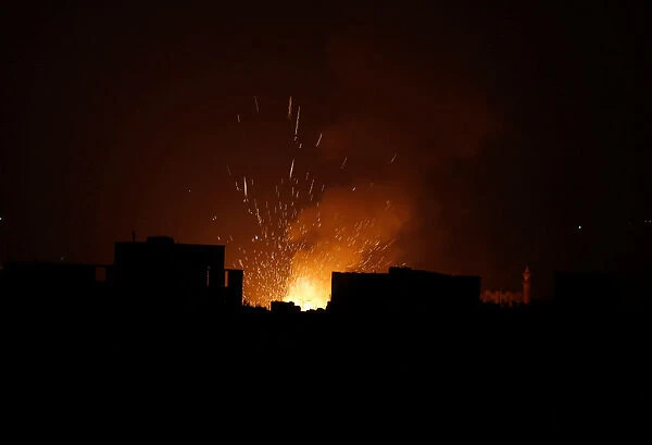 Houthi arms depot explodes after it was hit by air strikes in Sanaa, Yemen