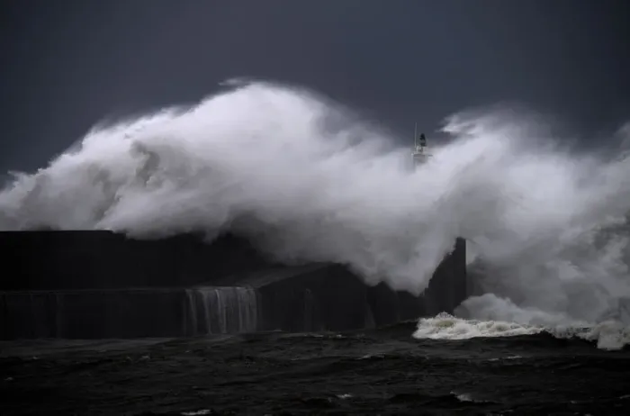 Framed Print : Huge waves crash on the San Esteban de Pravia seafront in Asturias region Framed Print : Huge waves crash on the San Esteban de Pravia seafront in Asturias region