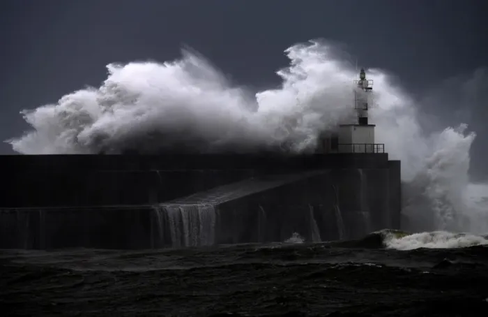 Framed Print : Huge waves crash on the San Esteban de Pravia seafront in Asturias region Framed Print : Huge waves crash on the San Esteban de Pravia seafront in Asturias region
