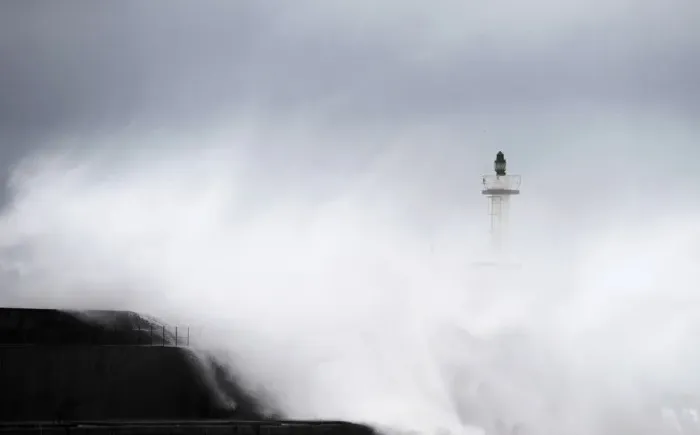 Framed Print : Huge waves crash onto San Esteban de Pravia seafront in the northern Spanish region of Framed Print : Huge waves crash onto San Esteban de Pravia seafront in the northern Spanish region of