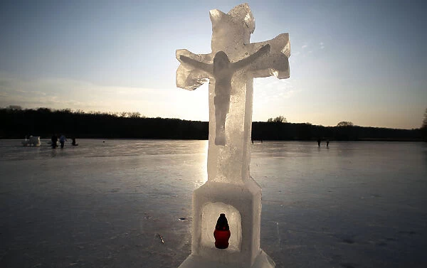 The ice sculptures are seen on a pond of Dobra Voda