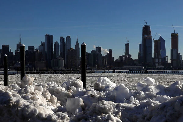Ice is seen on the Hudson River between New Jersey and New York City