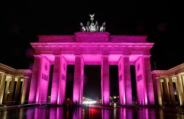 Illuminated Brandenburger Tor gate is pictured during a rehearsal for upcoming festival