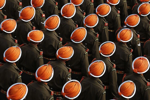 Indian Army soldiers march during the full dress rehearsal for the Republic Day parade