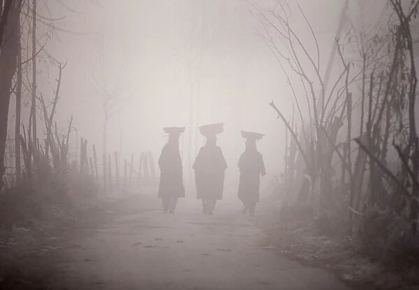 Kashmiri women carry baskets on their heads as they walk along the road amid dense fog