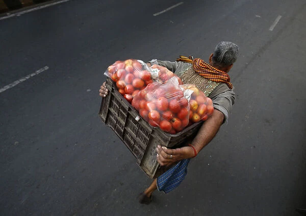 A labourer carrying tomatoes walks along a roadside near a wholesale vegetable market