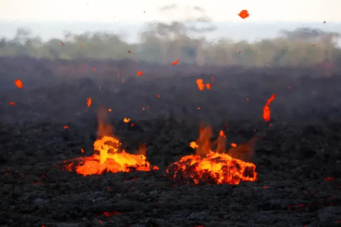 Framed Print : Lava erupts from a fissure on the outskirts of Pahoa