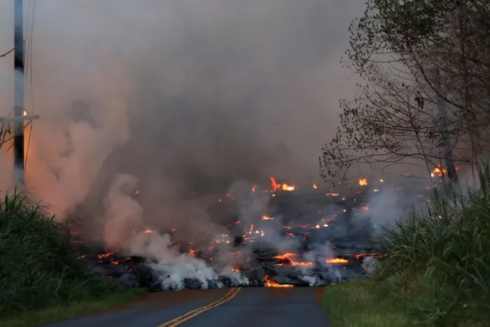Framed Print : A lava flow advances down Leilani Street close to Nohea Street