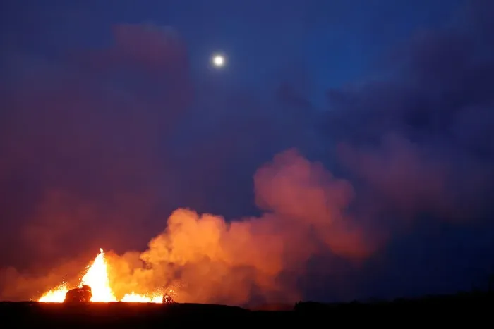 Framed Print : Lava from the Kilauea volcano shoots out of a fissure, in the Leilani Estates near Pahoa Framed Print : Lava from the Kilauea volcano shoots out of a fissure, in the Leilani Estates near Pahoa