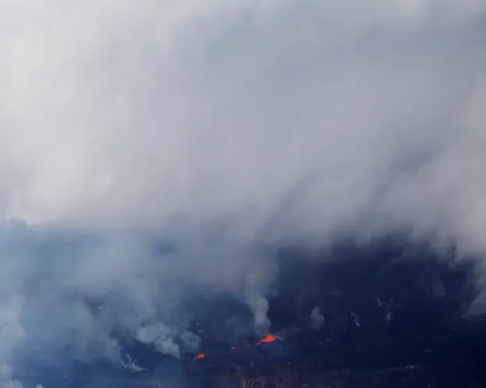 Framed Print : As lava shoots out of a fissure, volcanic gases rise high into the sky over the Leilani