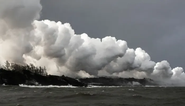 Framed Print : Laze rises where the lava hit the ocean during the eruption of the Kilauea Volcano near Framed Print : Laze rises where the lava hit the ocean during the eruption of the Kilauea Volcano near