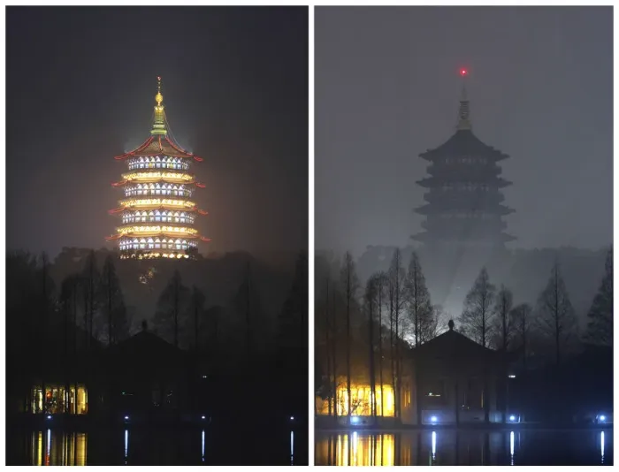 Framed Print : Leifeng Pagoda is seen behind the West Lake before and during the Earth Hour in Hangzhou Framed Print : Leifeng Pagoda is seen behind the West Lake before and during the Earth Hour in Hangzhou