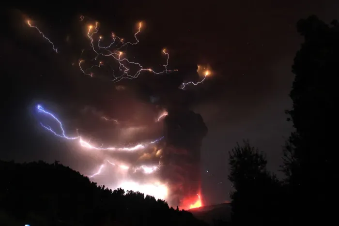 Framed Print : Lightning bolts strike around the Puyehue-Cordon Caulle volcanic chain near southern
