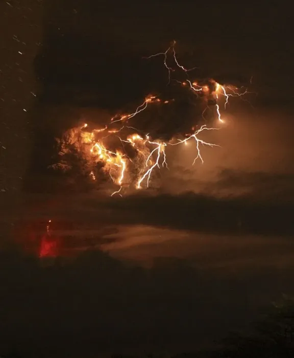 Framed Print : Lightning bolts strike around the Puyehue-Cordon Caulle volcanic chain in the Patagonia