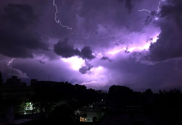 Lightning strikes over Chacarita neighborhood during a thunderstorm in Buenos Aires