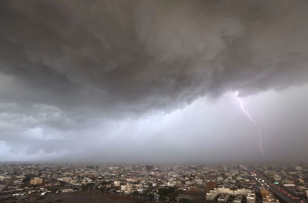 Lightning strikes over Jeddah skyline, Saudi Arabia