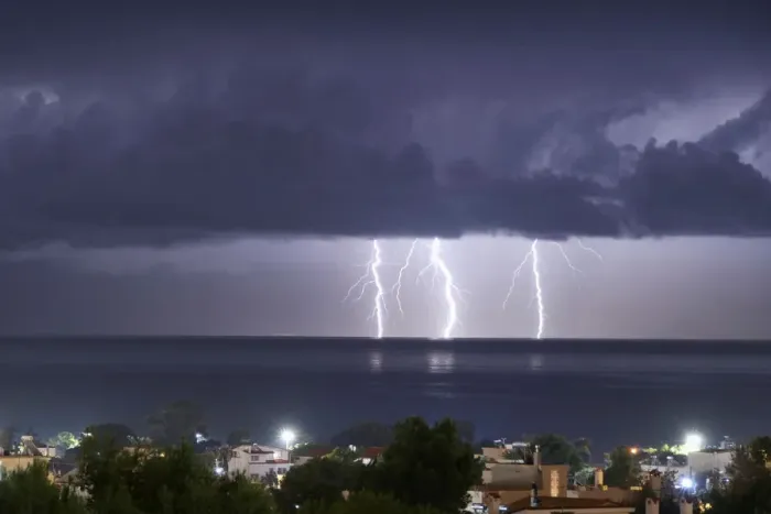 Framed Print : Lightnings strike in the sea off the shore of Artemida Framed Print : Lightnings strike in the sea off the shore of Artemida