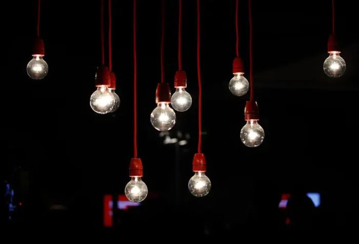 Framed Print : Lit lamps decorate the Vodafone stand at the CeBIT trade fair in Hanover Framed Print : Lit lamps decorate the Vodafone stand at the CeBIT trade fair in Hanover