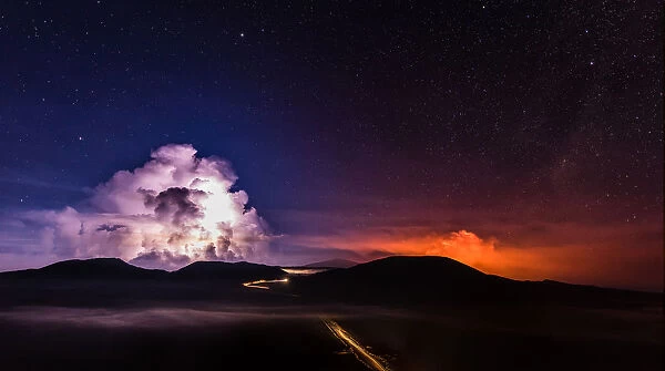A long time exposure shows molten lava which flows from the Piton de la Fournaise