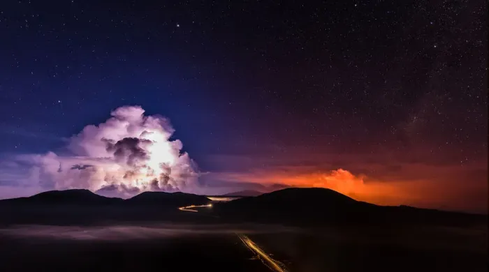 Framed Print : A long time exposure shows molten lava which flows from the Piton de la Fournaise Framed Print : A long time exposure shows molten lava which flows from the Piton de la Fournaise