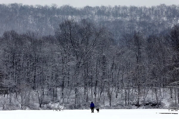 A man and dog walk in the falling snow in Rockland Lake State Park near the Hudson River