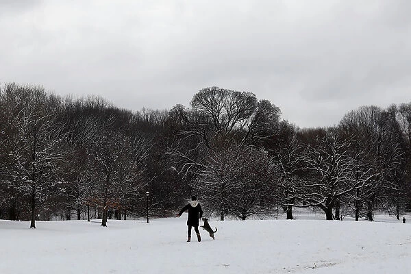 A man plays with a dog after snowfall at Prospect Park in Brooklyn