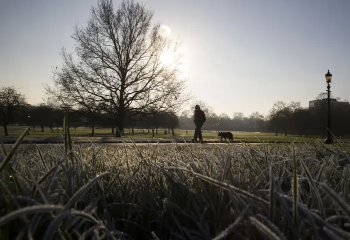 Framed Print : A man walks a dog on a frosty morning in Primrose Hill in north London
