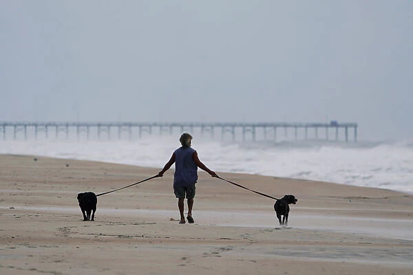 A man walks his dogs before Hurricane Florence comes ashore on Carolina Beach