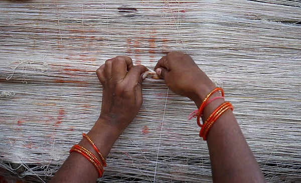 A married Hindu woman ties cotton thread around a Banyan tree in Ahmedabad