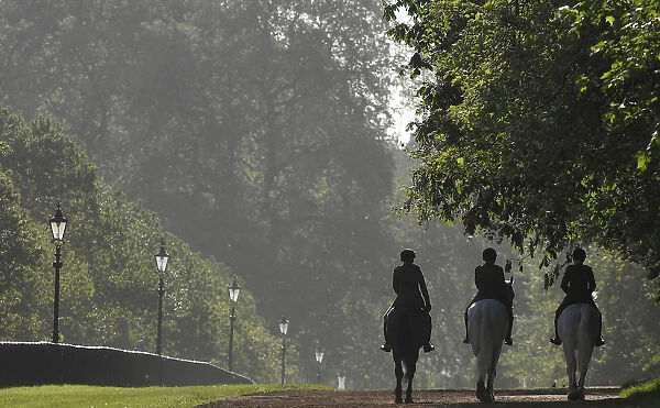 Members of the Household Cavalry are seen riding in the early morning in Hyde Park in