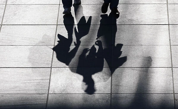 Two men cast their shadows on the street as they carry a shopping bag, in Berlin