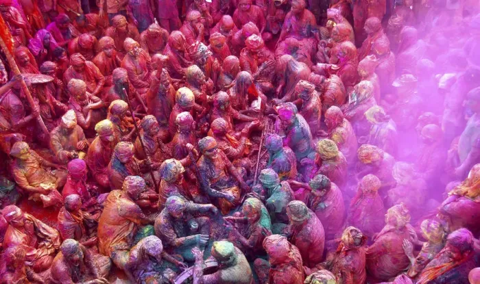Framed Print : Men daubed in colours celebrate Lathmar Holi at Nandgaon Framed Print : Men daubed in colours celebrate Lathmar Holi at Nandgaon