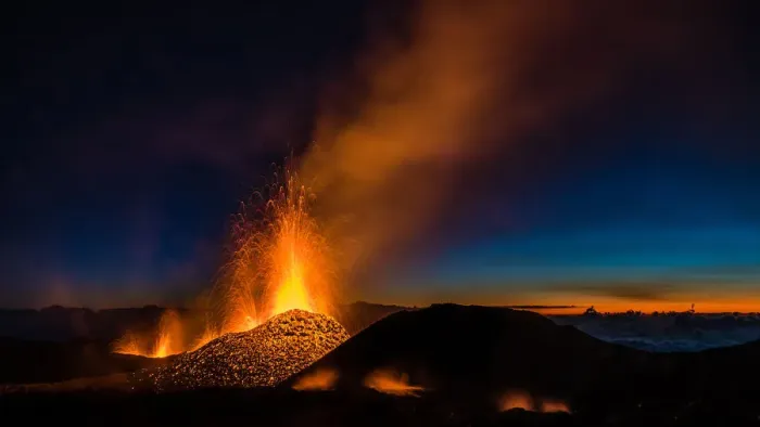 Framed Print : Molten lava erupts from the Piton de la Fournaise, one of the worlds most active Framed Print : Molten lava erupts from the Piton de la Fournaise, one of the worlds most active