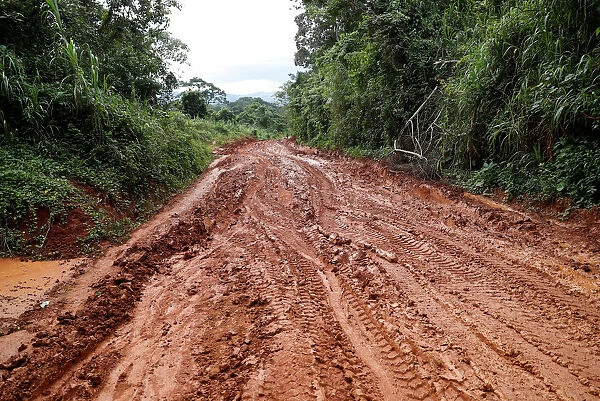 A muddy road is seen near town of Mobwalu in Ituri province