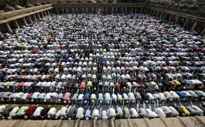 Framed Print : Muslims offer Eid al-Adha prayers at a mosque in Ahmedabad