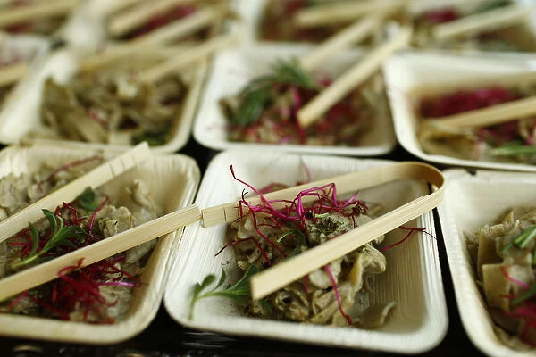 Noodles made of insect protein are pictured at the headquarters of German retailer Metro