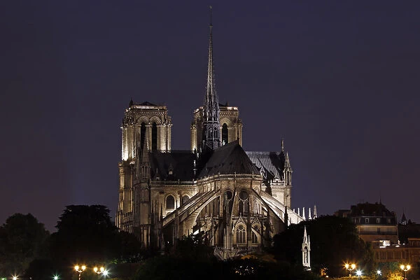 The Notre-Dame de Paris cathedral is illuminated in Paris