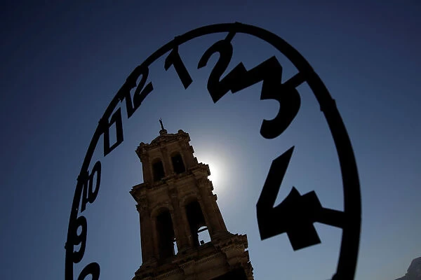 Old dial of the clock of Our Lady of Guadalupe Cathedral is pictured along one of its
