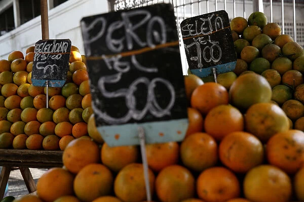 Oranges are displayed for sale at a street market in Rio de Janeiro