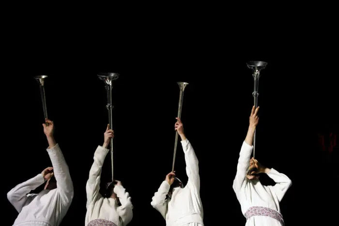 Framed Print : Orthodox Jewish men blow trumpets during a reenactment ceremony of the Passover sacrifice