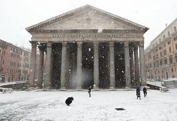 The Pantheon is seen during a heavy snowfall in Rome