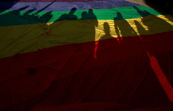 Participants shadows are seen on a rainbow flag during a march in support of gay