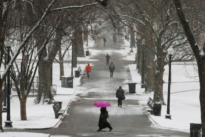 Framed Print : Pedestrians walk through Boston Common during a winter snow storm in Boston