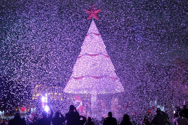 People gather under a Christmas Tree, marking the beginning of Christmas season in