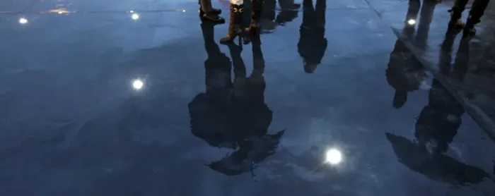 Framed Print : People are reflected on the floor illuminated with LED lights during the inauguration of Framed Print : People are reflected on the floor illuminated with LED lights during the inauguration of