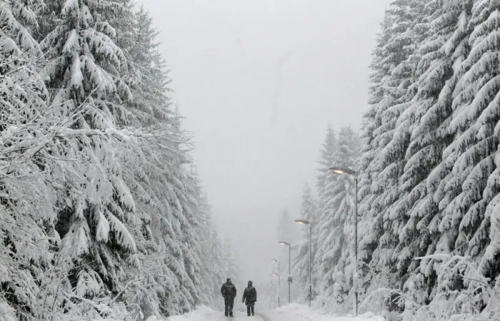 Framed Print : People walk under heavy snowfall near the eastern German town of Altenberg Framed Print : People walk under heavy snowfall near the eastern German town of Altenberg